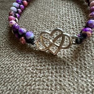 Purple and Pink Beaded Bracelet with Silver Heart Charm for Granddaughter